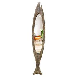 K KILIPES Rustic Wood Fish Mirror Decorative Hanging Mirror Wall Decor for Living Room Bathroom Bedroom Vintage Nautical Ocean Beach Home Mirror