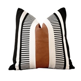 Vfuty Black White Boho Pillow Cover with Leather Modern Couch Cushion Cover 22x22 inch Farmhouse Stripe Pillowcase for Couch Bed, Black