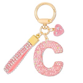 MWOOT Pink Car Keychains Gift for Women Girls Initial Letter Keychain Cute Bling Keychains keyrings Bling Letter Pendant for Purse Backpack Handbag Charms,Letter C