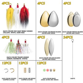 Alwonder 168PCS/Box DIY Rooster Tail Spinner Kit, Can Make 24PCS Spinnerbait, Teaser Hook Trailer Hook Fishing Lures Spinnerbait Lure Making Supplies Tackle Box with Tackle Spinner Making Kit