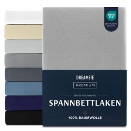 Dreamzie Premium fitted sheet 140 x 200 cm, fitted sheet for thick mattresses up to 22 cm, bed sheet 100% jersey cotton, 150 g/m², Oeko-Tex certified - grey
