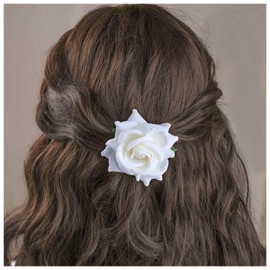 Cybche Rose Hair Clip White Flower Hair Barrette Rose Floral Hairpins Fabric Flower Hairclips Floral Side Clip Barrette Decorative Accessories for Women