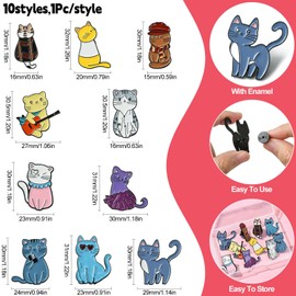 KitBeads Pack of 10 Enamel Blue Cat Pins Music Guitar Cat Brooches 10 Styles Cute Kitten Pet Animal Lapel Pins for Clothes Badge Purse Craft Bulk, Acrylic, Acrylic
