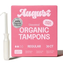 August Regular Tampons - Easy-Glide Long Applicators - 36-Pack 100% Organic Cotton Tampons for Women, Non-Toxic, Fragrance-Free, and Hypoallergenic