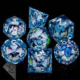 ORIFANTOU Butterfly DND Dice Colorful Blue Liquid Core Dice Set with Metal Box, Handmade Sharp Edge D and D Polyhedral Dice for use with D&D Role Playing Game, D20 D12 D10 D8 D6 ﻿