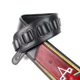 Walker And Williams KB-52-RD Handmade Heritage Series Black And Red Guitar Strap With Mexican Coat Of Arms Design On Scarlett Red Carved Leather