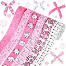 Pineraap 6 Rolls 30 Yards Volleyball Ribbon, 7/8'' Pink Volleyball Grosgrain Ribbons Sports Decorative Craft Ribbon for Hair Bows Wreath Making Gift Wrapping Party Decor