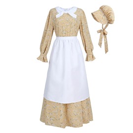CR ROLECOS Womens Pioneer Dress Yellow Floral Prairie Dresses Pilgrim Colonial Costume Bonnet Apron 3 Pieces Set L