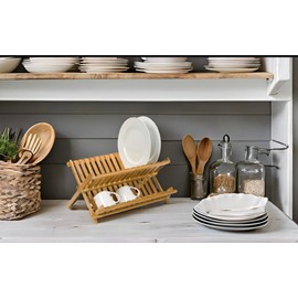 DURA LIVING Bamboo Dish Drying Rack - Collapsible 2-Tier Dish Drainer Kitchen Plate Rack for Kitchen Countertop - Foldable & Compact for Space-Saving Storage