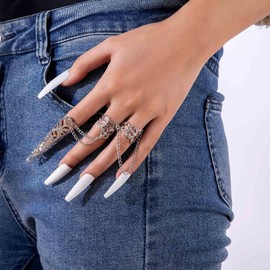 Yheakne Punk Finger Nail Tip Claw Rings Silver Knuckle Hand Chain Bracelet Knuckle Finger Ring Bracelet Claw Chain Ring Bracelet Jewelry for Women