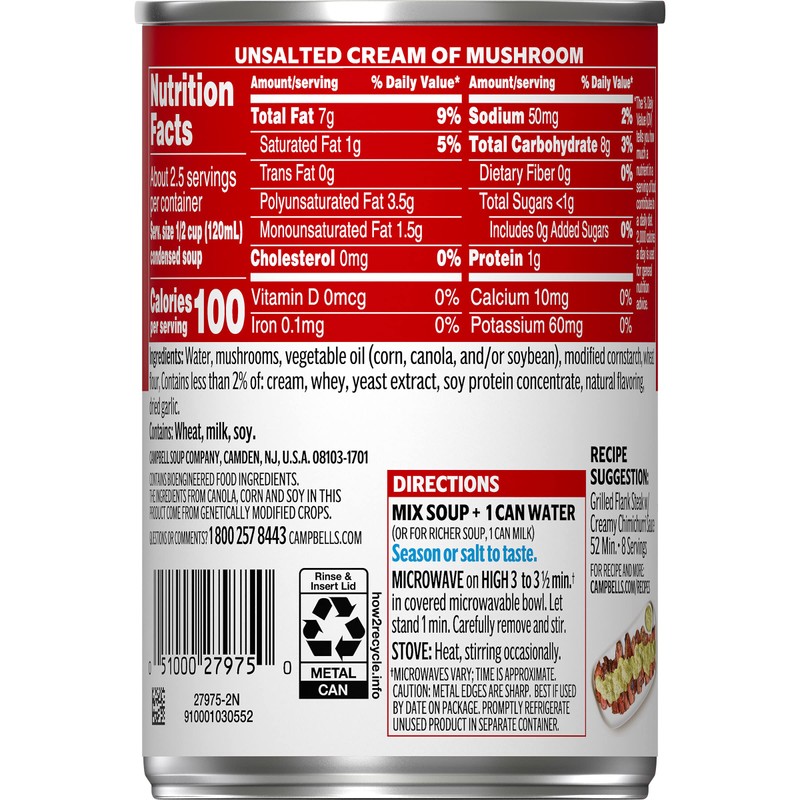 Campbell’s Condensed Unsalted Cream of Mushroom Soup, 10.5 Ounce Can