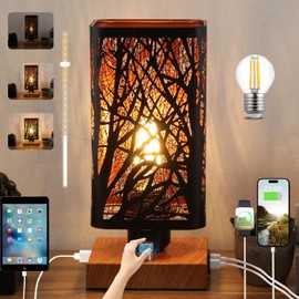 Tingruiz Industrial Table Lamp with USB Ports and Outlet, Rustic Dimmable Bedside lamp with Charging Station, Metal Square Shadow Nightstand Lamp, Night Light for Kids Bedroom Living Room End Tables