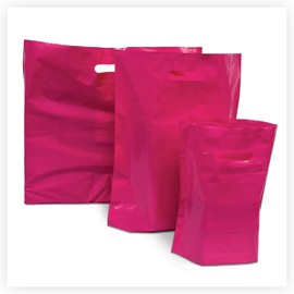 JeeJaan® 100 Pcs of Dark Pink Plastic Carrier Bags 10"x12"+4" - Strong Patch Handle Bags Ideal for Boutiques Clothes, Jewellery, Gifts, Retail and Shopping
