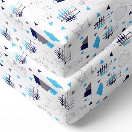 Bacati - 2 Pack Woodlands Bears Bison Owls Printed Boys 100% Cotton Universal Baby US Standard Crib or Toddler Bed Fitted Sheets (Aqua/Navy/Grey)