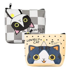 Lotsdonxia 2-Pack Cat Coin Purses with Zip – Cute Cartoon PU Leather Wallets for Coins, Cards, Earphones, and Keys (Plaid & Beige)
