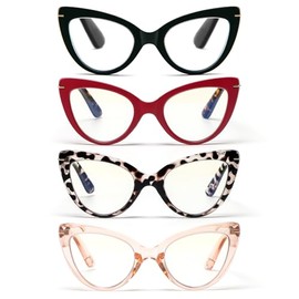 MMOWW Cat Eye Reading Glasses for Women - 4 Pairs Fashion Cute Blue Light Blocking Readers, Black/Red Tortoise/Champagne/White Tortoise +1.0