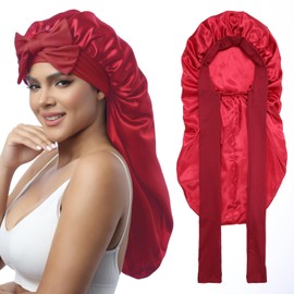 AWAYTR Long Satin Bonnet for Braids - Elastic Silk Hair Bonnets for Sleeping Night Cap Stretchy Tie Band for Women（Wine Red）