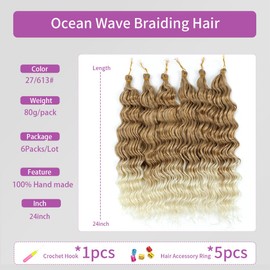 24 Inch Ocean Wave Crochet Hair 6 Packs Deep Wave Braiding Hair Curl Crochet Synthetic Braids Hair Extension for Women (27/613#, 24 Inch 6 Packs)
