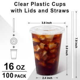 Clawsoff 16 oz 100 Pack Plastic Cups with Lids and Straws, Sturdy Food Safe Iced Clear Coffee Cups Disposable Smoothie Cups for Cold Drinks