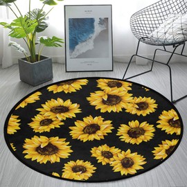 Alfombra redonda antideslizante grande de 3 pies de diámetro para sala de estar, recámara, hermosa alfombra moderna de microfibra suave, lavable a máquina, decoración del hogar (girasol negro)