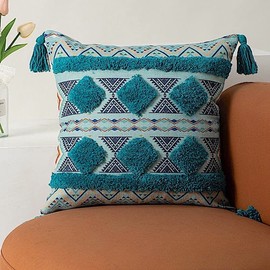 Eclairage Cushion Cover 45cm X 45cm Nordic Moroccan Fringe Tassel Decorative Pillow Cover Body Pillow Cover Touch Cotton Linen Cotton Square Cushion Cover Design (Turquoise)
