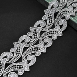Joyce Trimming Lace Trim LP-MX-1316 - Adorno metálico de Encaje para Novia, Disfraz o Joyas, Manualidades y Costura de 7,6 cm, Silver / 2-Yards