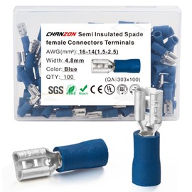 Chanzon 100pcs UL Listed 3/16" 4.8mm Female Spade Connector Quick Disconnect Semi-Insulated PVC - Blue - 14 15 16 awg Gauge Wire Crimp Terminal 4.8 x 0.8 mm 3/16'