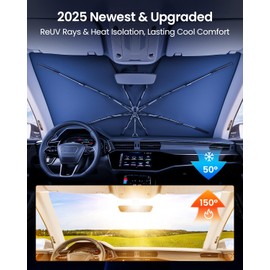 REEVAA 2025 Car Windshield Sun Shade Umbrella [100% Sun Protection & Keep Cool] Protect Interior, 360° Flex Handle Sun Shield Sunshade, Small (53''x29'') for Compact Cars