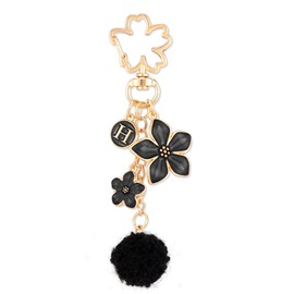 XGALBLA Black Cute Flower Initial Letter Keychain for Women, Flower Keychains with Pom Pom Fuzzy Keychains Bag Charms for Purse, Car Key, Handbags,Backpacks(H)