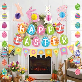 Pre-Strung Easter Decorations Set - Happy Easter Banner Decor with Bunny Hanging Honeycomb,Egg Garlands, Spring Flower Banner,Party Supplies for Home,Office,Window,Mantel,Wall,Classroom Spring Themed