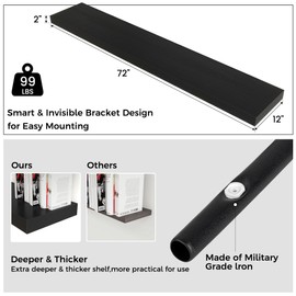 Venusmiles Floating Shelves for Wall, 72 Inch Wide x 12 Inch Deep Floating Shelves, Long Wood Floating Wall Shelf Shelves for Living Room Bathroom Bedroom Kitchen Home - (Black, 72" W x 12" D x 2" H)