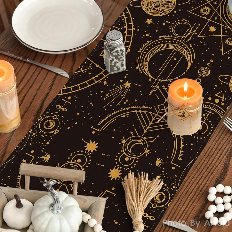 Artoid Mode Black Gold Astrology Occult Moon Magic Table Runner,