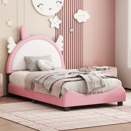 Merax Twin Upholstered Low Day Bed Frame for Kids Boys Girls, Wood Platform Bed with Unicorn Headboard, No Box Spring Needed White/Pink