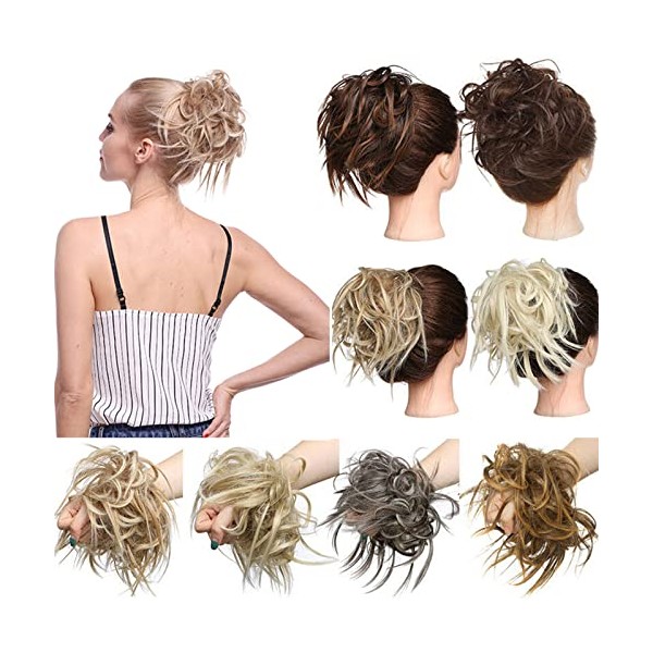 Tousled Updo Messy Bun Hair Piece Scrunchies Wavy Bun Extensions Rubber Band Elastic Scrunchie Chignon Instant Ponytail Hairpiece for Women Light Brown to Ash Blonde