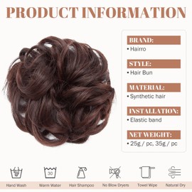 Hairro Messy Hair Bun Extensions Hair Piece Curly Wavy Scrunchies Synthetic Chignon with Elastic Rubber Band Ponytail Hairpiece for Women Hair Updo Donut for New Year Birthday Party Natural Black Mix Dark Auburn 25g/pc 1pc