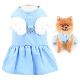 SMALLLEE_LUCKY_STORE Angel Wing Girls Dog Harness Dress and Leash Set Cat Sundress with D-Ring Puppy Skirt Spring Summer Clothes for Small Pets Yorkie Chihuahua,Blue,L