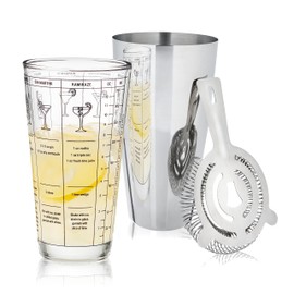 True 3-Piece Barware Set for Mixed Drinks and Cold Brew Cocktails, Includes Cocktail Shaker Tin, Cocktail Mixing Glass with 7 Printed Recipes, and Hawthorne Strainer, Home Bar Tools, Bartender Gifts