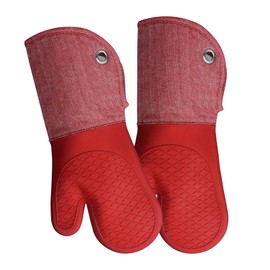 Professional Microwave Silicone Oven Mitts one Pair, Kitchen Mitten Set for Heat Resistant with 500 Degrees, Kitchen Gloves Pot Holder for BBQ Cooking Baking (Red)