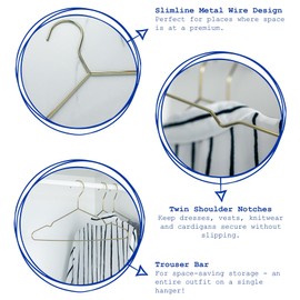 Harbour Housewares Metal Coat Hangers - Gold - 10x Wire Clothes Hangers with Round Trouser Bar and Non Slip Shoulder Notches for Jacket, Suit, Jumper, Dress Wardrobe Storage
