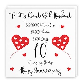 Hunts England - Husband 10th Wedding Anniversary Card - To My Wonderful Husband - 10 Amazing Years - Timeless Collection