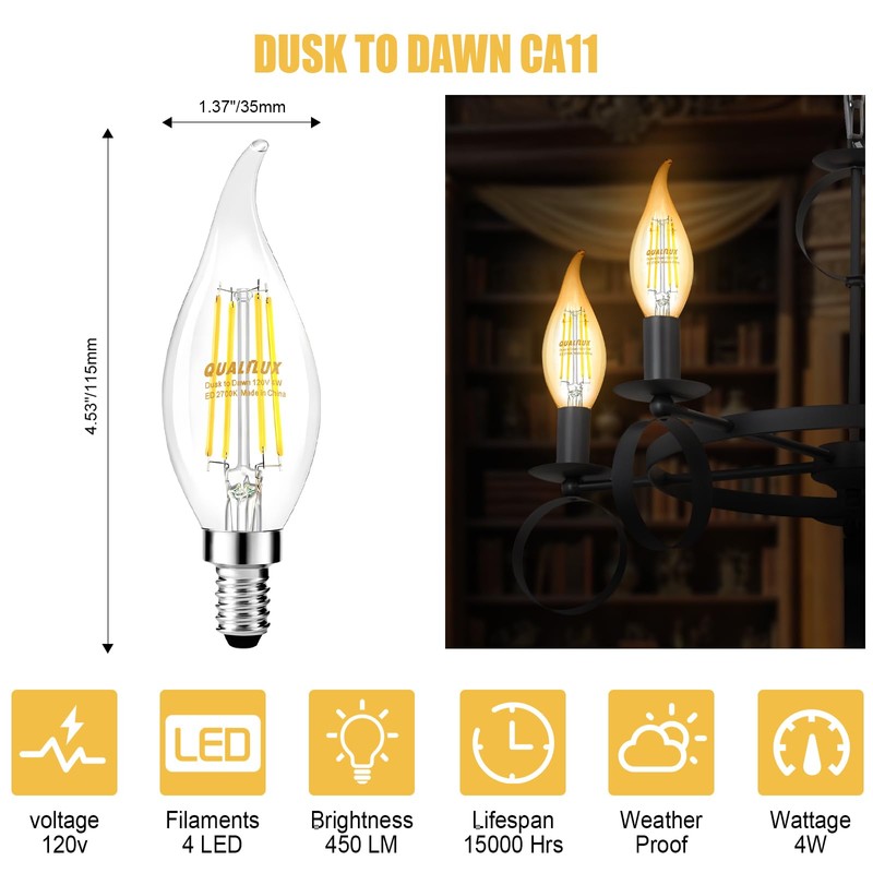 Dusk to Dawn Candelabra Bulbs Outdoor, CA11 Vintage, Candle Flame