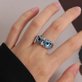 Xmsrn Vintage Blue Eyed Owl Knuckle Ring Open Owl Finger Ring Punk Blue Eyed Owl Ring Gothic Blue Owl Hand Ring Boho Owl Ring for Women
