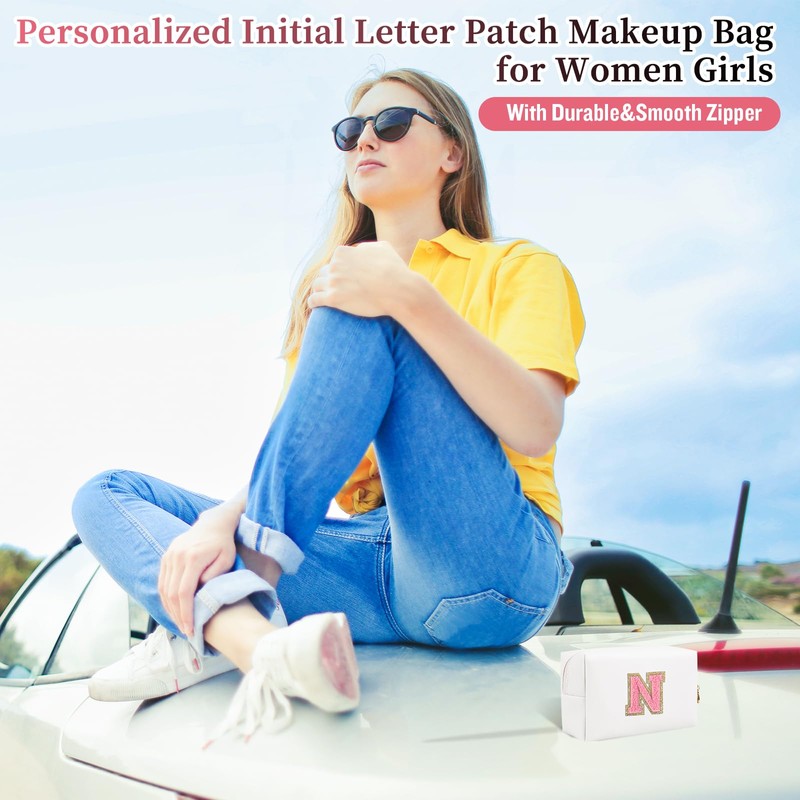 Bolsa de maquillaje con parche inicial personalizada, bolsa de chenilla