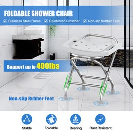 UGarden Height Adjustable Folding Shower Chair w/Crossbar, 400lbs Stainless Steel Foldable Shower Chair for Inside Shower, Anti-Slip Portable Travel Shower Stool, Safety Bath Chair for Seniors, Gray