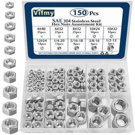 Vifmy 150pcs SAE Hex Nuts Assortment Kit,4#40 6#32 8#32 10#24 10#32 12#24 1/4-20 5/16-18 3/8-16 1/2-13 Hardware Nuts Sets,304 Stainless Steel