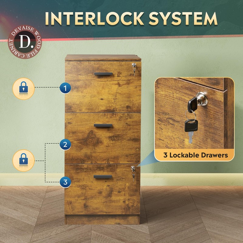 DEVAISE 3 Drawer File Cabinet with Lock, Vertical Wood Filing
