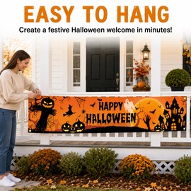 Happy Halloween Outdoor Banner – Pumpkin & Bat Polyester Backdrop for Porch, Doorway, Wall, Party & Haunted House Décor