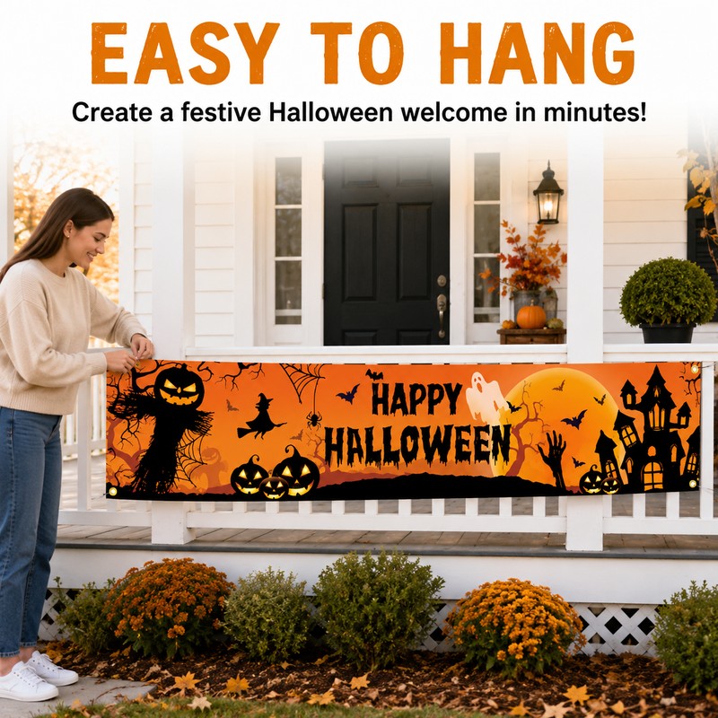 Happy Halloween Outdoor Banner – Pumpkin & Bat Polyester Backdrop
