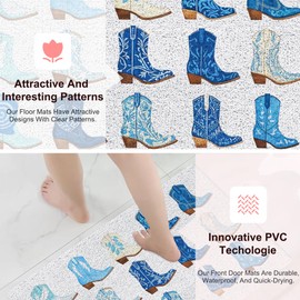 RYYCDOI Trendy Blue Western Door Mat, Preppy Coastal Cowgirl Boots Welcome Mats Doormat for Front Door Porch Indoor Outside Entrance Entryway, Western Bath Mat, 17x30 Inch