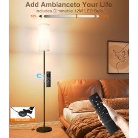 luckystyle Dimmable Floor Standing Tall Lamp, 12W Led Bulb with Lampshade, Foot Switch, Remote Custom Color Temperature Pole for Bedroom, Office, Kids & Living Room, Black